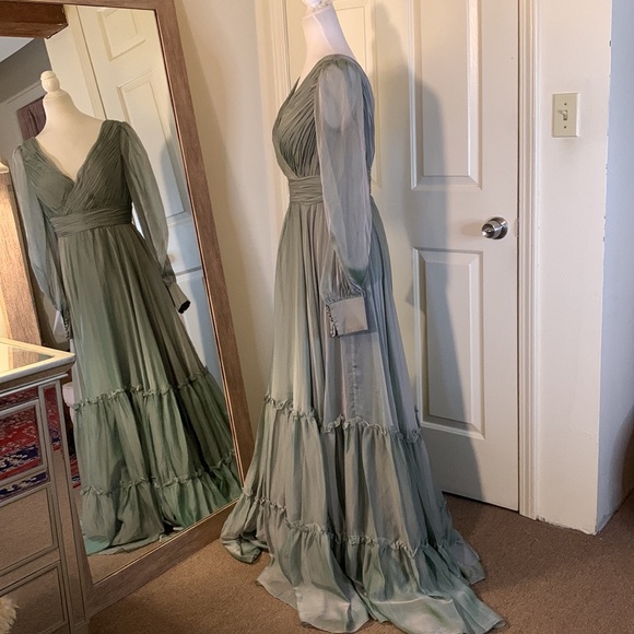 MAC DUGGALFaux Wrap Illusion Bishop Sleeve Tiered Gown